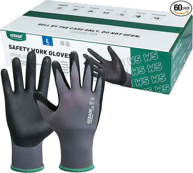 Kebada W5 Work Gloves Bulk Pack (60 Paris), Foam Nitrile Coated Working Gloves with Grip, Ultra Stretchable Spandex Knit Gloves for Gardening and Light Duty Mechanic Work, Small (Made in Vietnam)-VerdiqueGarden