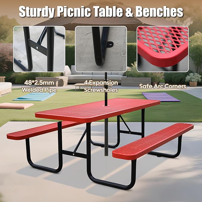 4FT Metal Picnic Tables for Outdoors, Commercial Rectangular Picnic Table and Bench Set for Outside, Patio, Garden, Backyard, Porch, Surface Mount, Red-VerdiqueGarden