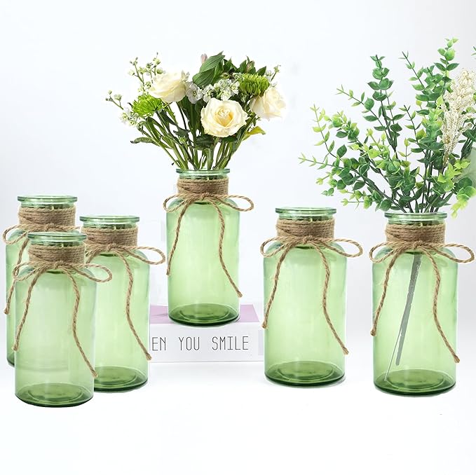 Vintage Glass Flower Vase，6 Pack Green Farmhouse Glass Centerpiece Vases Mason Jars for Weddings, Parties & Home Decor Bulk (6,Green)-VerdiqueGarden