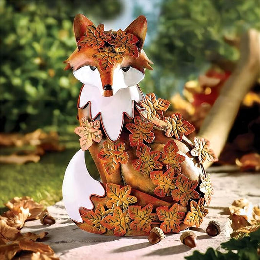 Elenon Outdoor Metal Fox Statue Art Decoration, Garden Handcrafted Standing Fox Ornament Decor with Fall Leaves, Mid Century Fox Figurine Decor for Patios, Lawns, Flower Bed-VerdiqueGarden