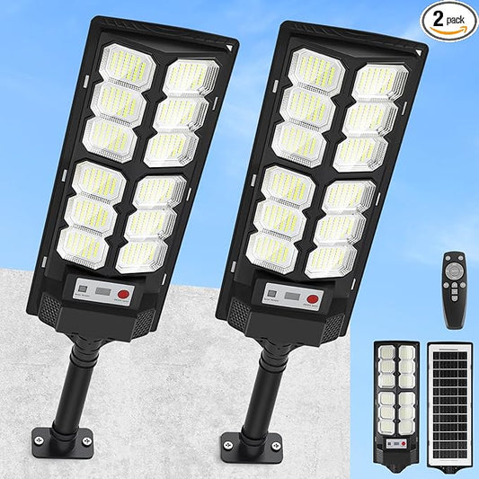 2 Pack Solar Street Lights Outdoor Waterproof 6500K 13000LM LED Solar Flood Lights Dusk to Dawn Parking Lot Light with Motion Sensor and Remote Control for Commercial Area Lighting Yard-VerdiqueGarden
