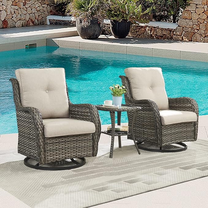 Outdoor Patio Swivel Rocker Chairs - Single Wicker Rattan Patio Swivel Rocking Chair with High Back,Deep Seating and Comfort Cushions for Deck Porch Garden,Mixed Grey/Beige-VerdiqueGarden