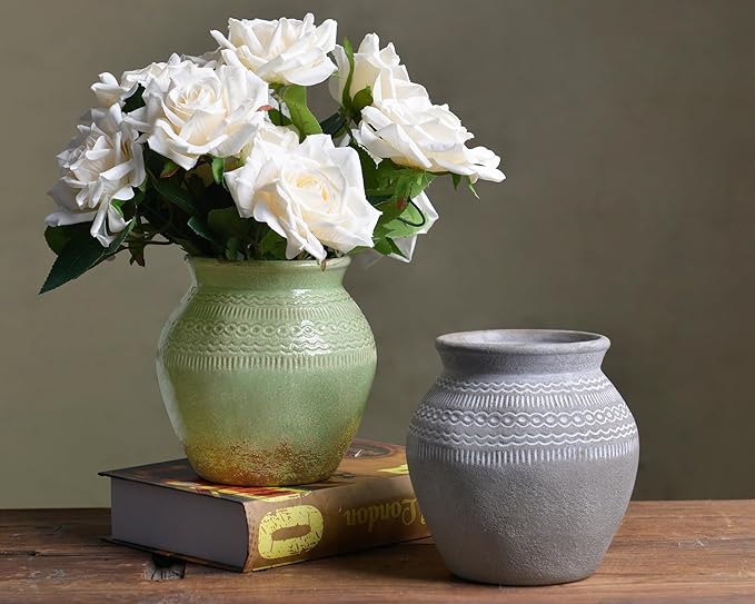 Quoowiit Ceramic Rustic Farmhouse Vase, Green Distressed Flower Vase for Home Decor, Boho Decorative Vases for Centerpiece Table Decorations, Vases for Living Room Kitchen Entryway Mantle Shelf Decor-VerdiqueGarden