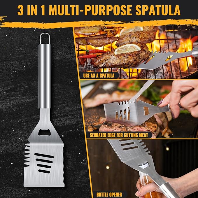 BBQ Grill Tools Set 16-inch Heavy Duty, 3 Pcs - Barbecue Utensils Kit for Camping, Kitchen, Outdoor Cooking,Suitable as a Gift for Men, Fathers, Friends-VerdiqueGarden
