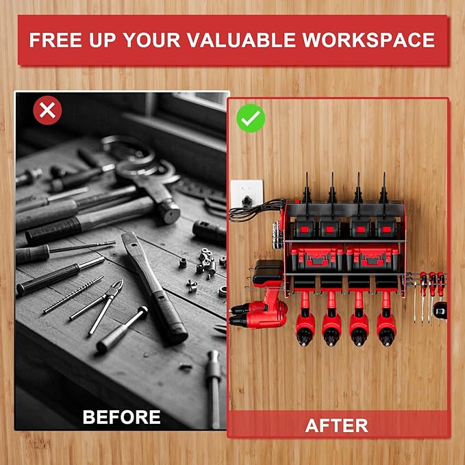 Power Tool Organizer with Charging Station, 6 Drill Holder Wall Mount, 3 Layer Garage Tool Organizer with Hooks, Screwdriver, Drill Bit Rack, Heavy Duty Utility Shelf for Garage, Gifts for Men-VerdiqueGarden