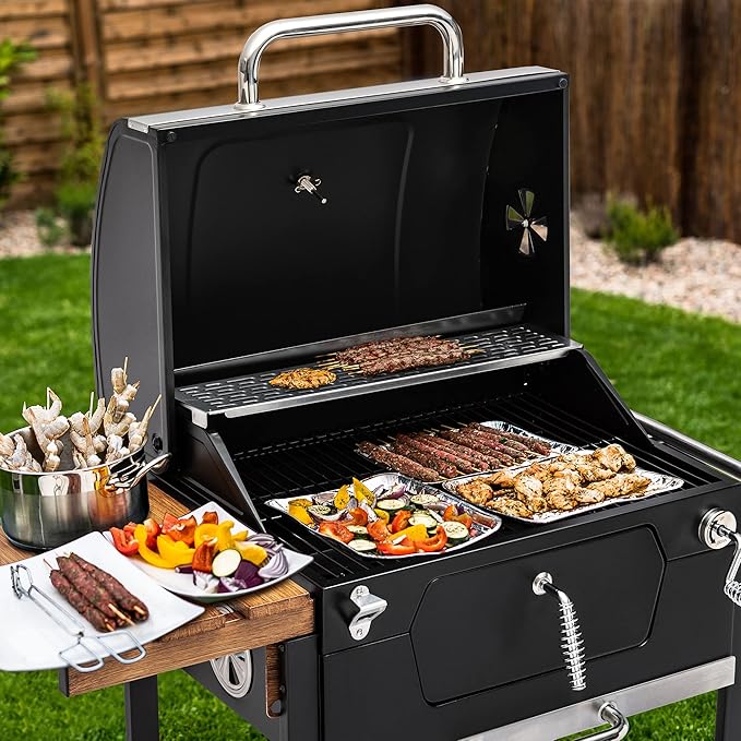 Royal Gourmet CD1824M 24-Inch Charcoal Grill, BBQ Smoker with Handle and Folding Table, Perfect for Outdoor Patio, Garden and Backyard Grilling, Black, Medium-VerdiqueGarden