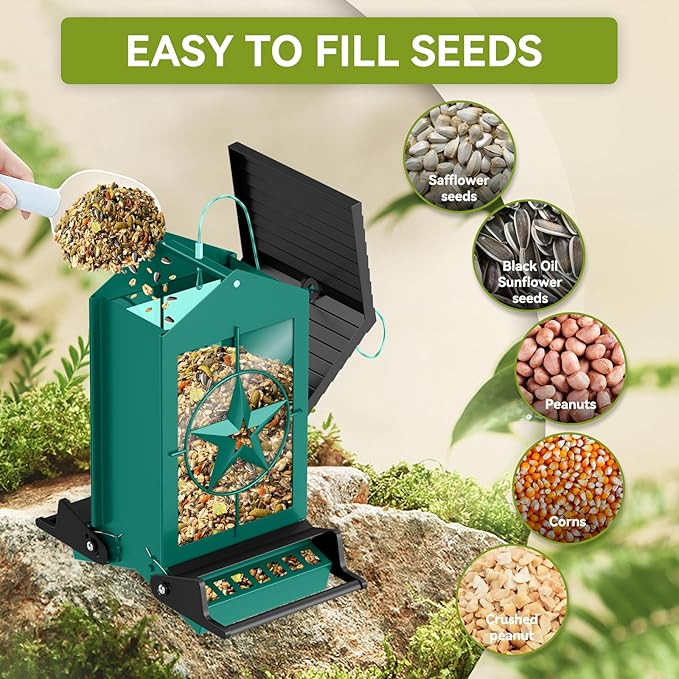 Squirrel Proof Bird Feeder for Outdoors Hanging, Metal Wild Bird Seed Feeder with Bilateral Weight-Activated Perches, 5LB Large Capacity Wild Bird Feeders for Outside Finch, Cardinal, Blue Jay-VerdiqueGarden