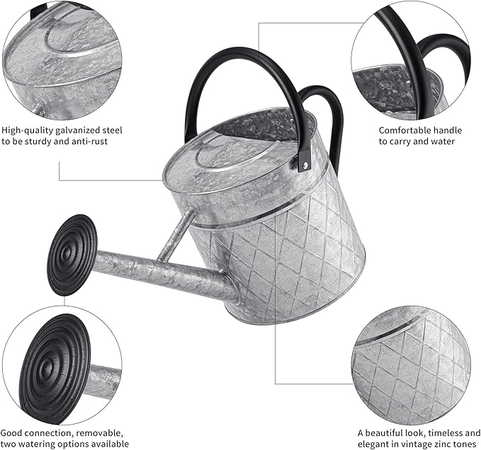 1.75 Gallon Outdoor Galvanized Metal Watering Can for Garden Plants, Vintage Zinc Watering Can with Removable Spray Spout, Ideal for Outdoor Use (Silver)-VerdiqueGarden