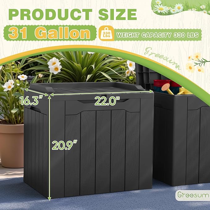 Greesum 31 Gallon Deck Box for Outside, All Weather Outdoor Storage Boxes for Patio Furniture Set, Package Delivery Box,Garden Tools, Gray(Set of 2)-VerdiqueGarden
