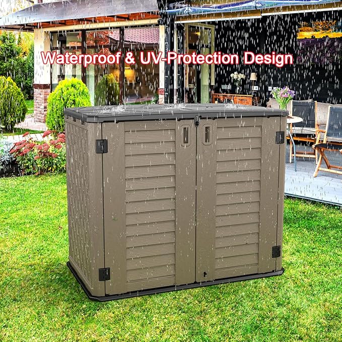 KINYING Outdoor Storage Shed - Horizontal Storage Cabinet Waterproof for Garden, Patio, Backyard, Storage Box for Easy Storage of Garbage Cans, Tools, Lawn Mower, 35 Cubic Feet,Dark Brown-VerdiqueGarden