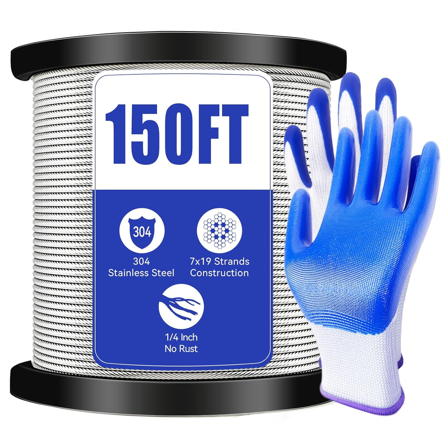 1/4" Stainless Steel Cable,7x19 Strand Aircraft Wire Rope,Cable for Heavy Duty Applications,Zip Iine and Outdoor Pulley Cables,Deck Railing, with Gloves,Breaking Strength 6400 Ibs,150FT-VerdiqueGarden