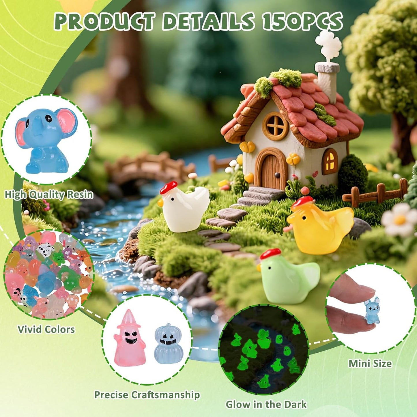 150 PCS Luminous Mini Resin Animals, Glow in The Dark Fairy Garden Decor, Mini Ducks Frogs Turtles Figurines for Aquarium, Terrarium, Slime Charms & Potted Plant Landscape Decoration-VerdiqueGarden