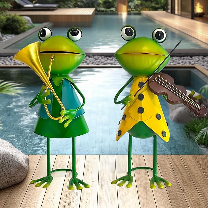 HONGLAND Frog Metal Yard Art - Metal Frog Outdoor Statue - Frog Garden Decorations - 3D Frog Figurine - Christmas Holiday Lawn Patio Yard Garden Decor Gardening Gifts for Women (Violin)-VerdiqueGarden