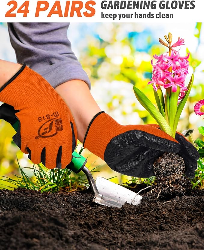 Nuogo 24 Pairs Gardening Gloves for Men Women Rubber Coated Landscaping Work Gloves Safety Work Construction-VerdiqueGarden