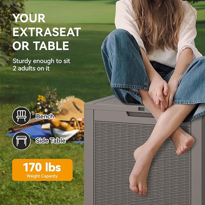 KAMABOKO 31 Gallon Outdoor Storage Box, Resin Deck Boxes Indoor and outdoor, Waterproof Storage Box Lockable Lid for Garden Tools, Package Delivery, Pool Supplies, Patio Cushions, Grey-VerdiqueGarden