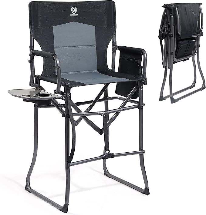 EVER ADVANCED Portable 30.7" Seat Height Tall Folding Camping Chair Directors Chair High Foldable Bar Stool with Side Table for Makeup Artist, Sports Event, Craft Show, Supports 350LBS Black Grey-VerdiqueGarden