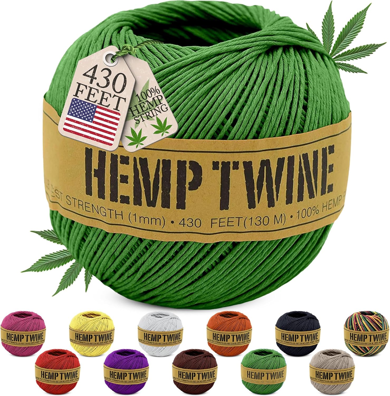 Hemp Twine for Gardening - Twine for Crafts - Organic Natural Hemp String for Jewelry Making - Strong Durable Cord for Decoration, Macrame + Cooking - 1MM, 100G/430 Ft. - 20 lb. Test Strength - Green-VerdiqueGarden