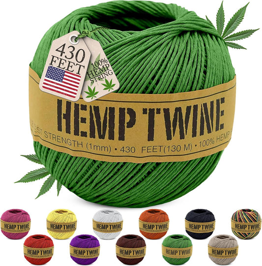 Hemp Twine for Gardening - Twine for Crafts - Organic Natural Hemp String for Jewelry Making - Strong Durable Cord for Decoration, Macrame + Cooking - 1MM, 100G/430 Ft. - 20 lb. Test Strength - Green-VerdiqueGarden