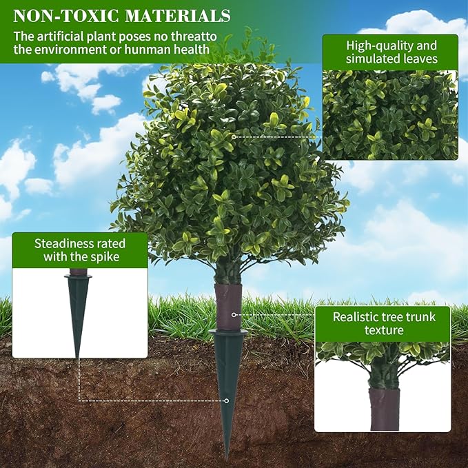 Artificial Boxwood Ball Trees with Ground Spike, 20" UV Resistant Artificial Shrubs, Fake Evergreen Artificial Plant Brush for Indoor Outdoor Front Porch Garden, 1 Pack-VerdiqueGarden