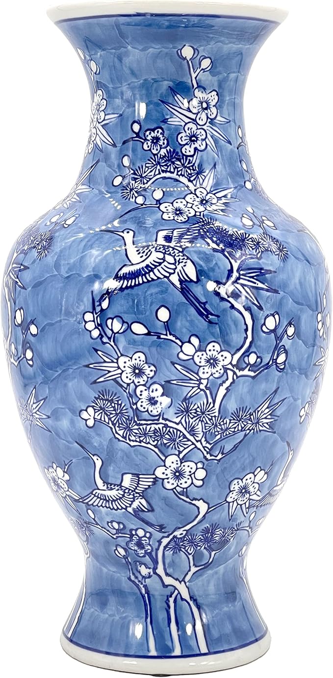Galt International White & Blue Floral Crane Chinoiserie Ceramic Vase 14" - Hand Painted Antique Style Porcelain Bird & Flower Bottle Fishtail Porcelain Chinese Vase for Home Decor Centerpiece-VerdiqueGarden