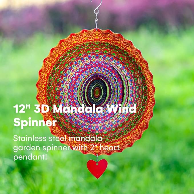 SteadyDoggie 12-Inch Wind Spinner Mandala Thangka - 3D Stainless Steel Laser Cut Metal Art - Reflective Geometric Pattern Kinetic Yard Decoration - Hanging Wind Spinners for Indoor and Outdoor Use-VerdiqueGarden