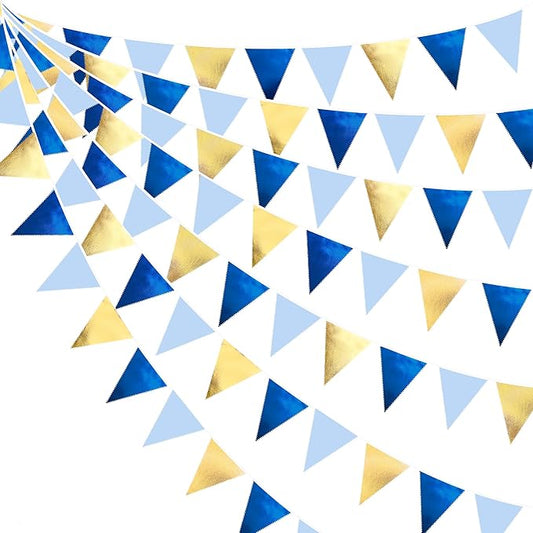 Gold Blue Party Decoration Gradient Blue and Gold Triangle Pennant Banner Flag Metallic Fabric Bunting Garland for Nautical Ahoy Achor Birthday Graduation Retirement Wedding Baby Shower Party Supplies-VerdiqueGarden
