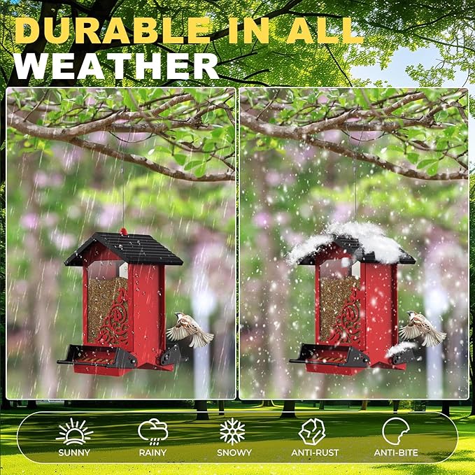 Squirrel Proof Bird Feeder for Outdoor Hanging,Metal Bird Seed Feeder with Bilateral Weight Activated Perches,5LB Large Capacity Wild Bird Feeders for Outside,Easy Refill and Clean,Red-VerdiqueGarden