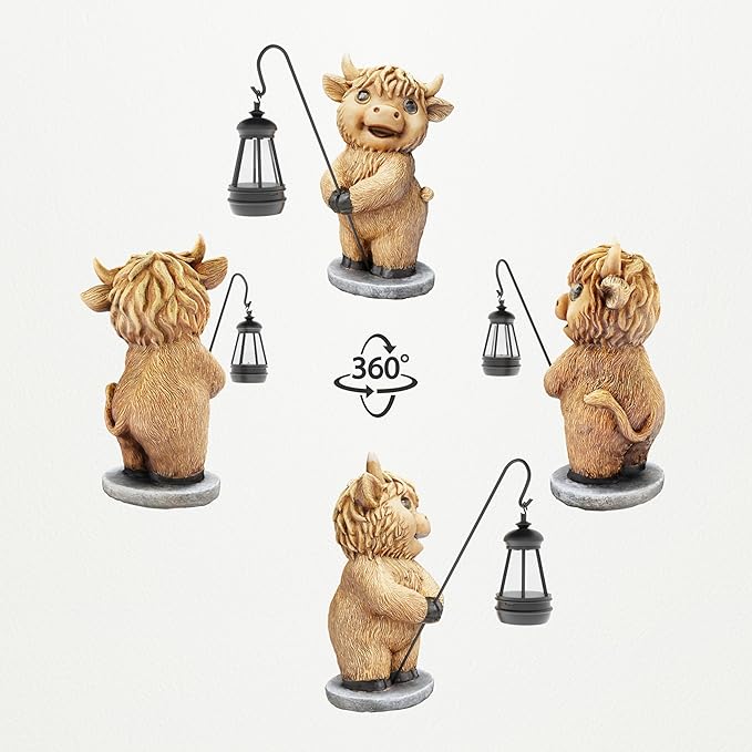 Highland Cow Statues with Solar Lights, Highland Cow Resin Figurine Lights, Highland Cow Ornaments for Patio, Balcony, Indoor Decoration and as Gifts-VerdiqueGarden