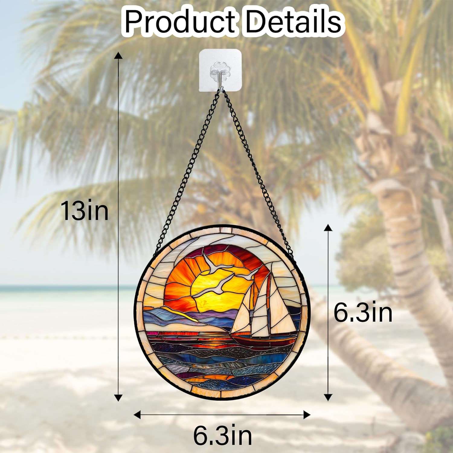 Stained Glass Window Hanging, Sun Ocean Sailboat Seagull Abstract Suncatcher Diamond Glass Panel Sun Catchers Decor for Birthday for Women, Men, Wife, Aunt, and Mom 6.3 in-VerdiqueGarden