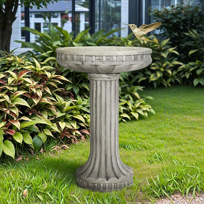 SunJet 24” H x 16” Dia Outdoor Birdbath with Classical Pedestal - Fibre Reinforced Concrete Birdbaths, Vintage Design for Garden Decor & Bird Attraction-VerdiqueGarden