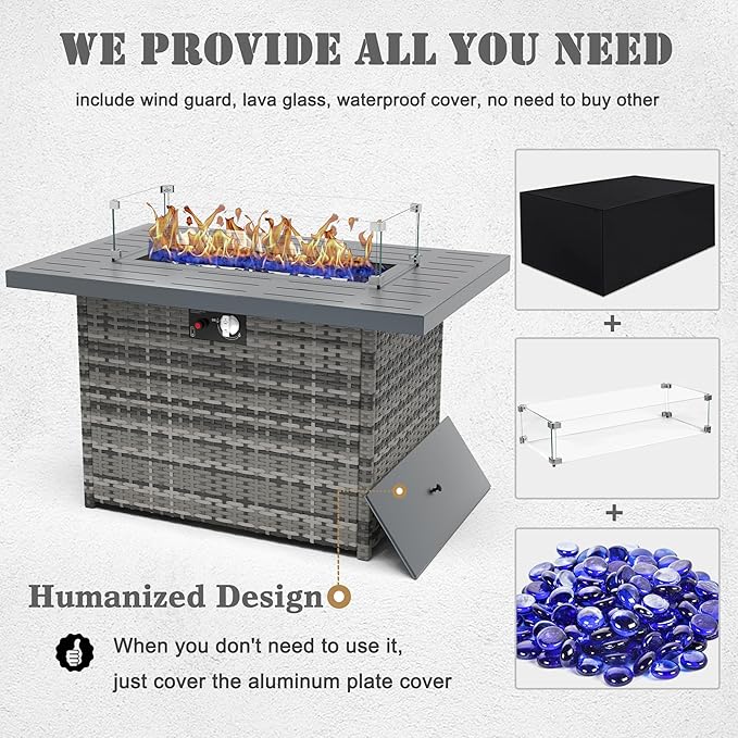 Propane Fire Pit Table,44 Inch 55000 BTU Outdoor Gas Fire Pit Rectangular with Glass Wind Guard for Outside Patio Deck (Gray-Aluminum Top)-VerdiqueGarden