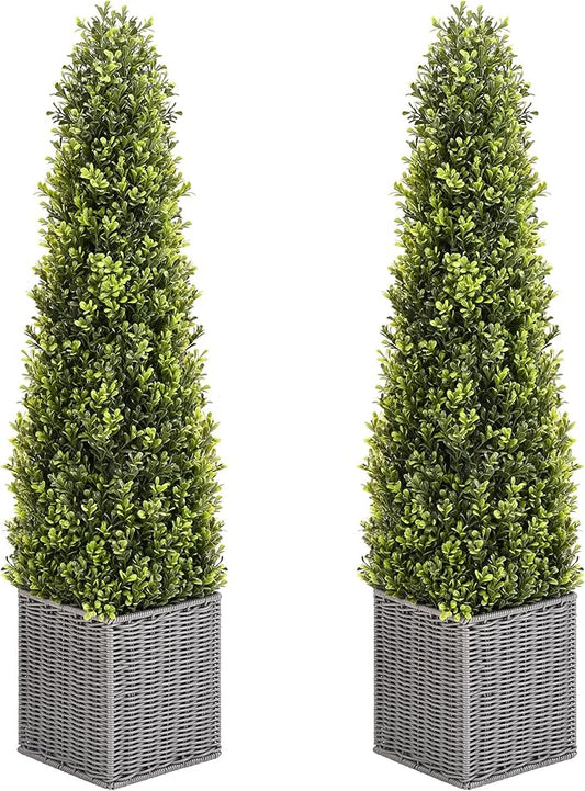 48 Inch Artificial Boxwood Outdoor Topiary Tree Set of 2, 4FT Potted Boxwood Tree Cone Topiary Artificial Plant Shrub for Front Porch Home Office Decor…-VerdiqueGarden