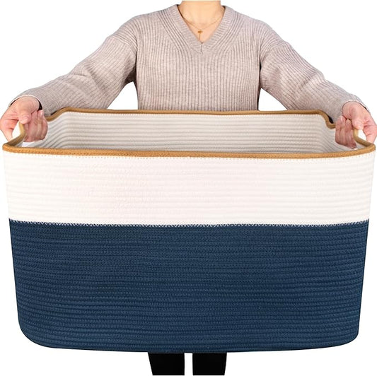 MINTWOOD Design 22in Extra Large Blanket Basket Holder Living Room, Rectangle Rope Woven Storage Basket with Handles for Laundry, Pool Towels, and Shoes, Dog Toy Organizer Bin Box, Prussian Blue-VerdiqueGarden