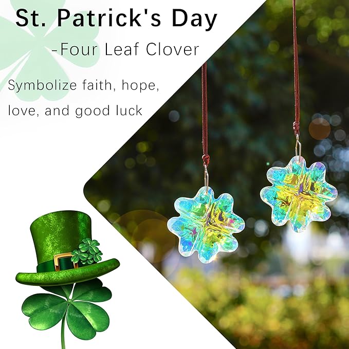 HDCRYSTALGIFTS 2PCS Crystal Prisms Suncatchers for Windows Christmas Ornaments,Lucky Four Leaf Clover Rainbow Maker Hanging Prism Sun Catchers for Home Garden Decoration,45mm-VerdiqueGarden