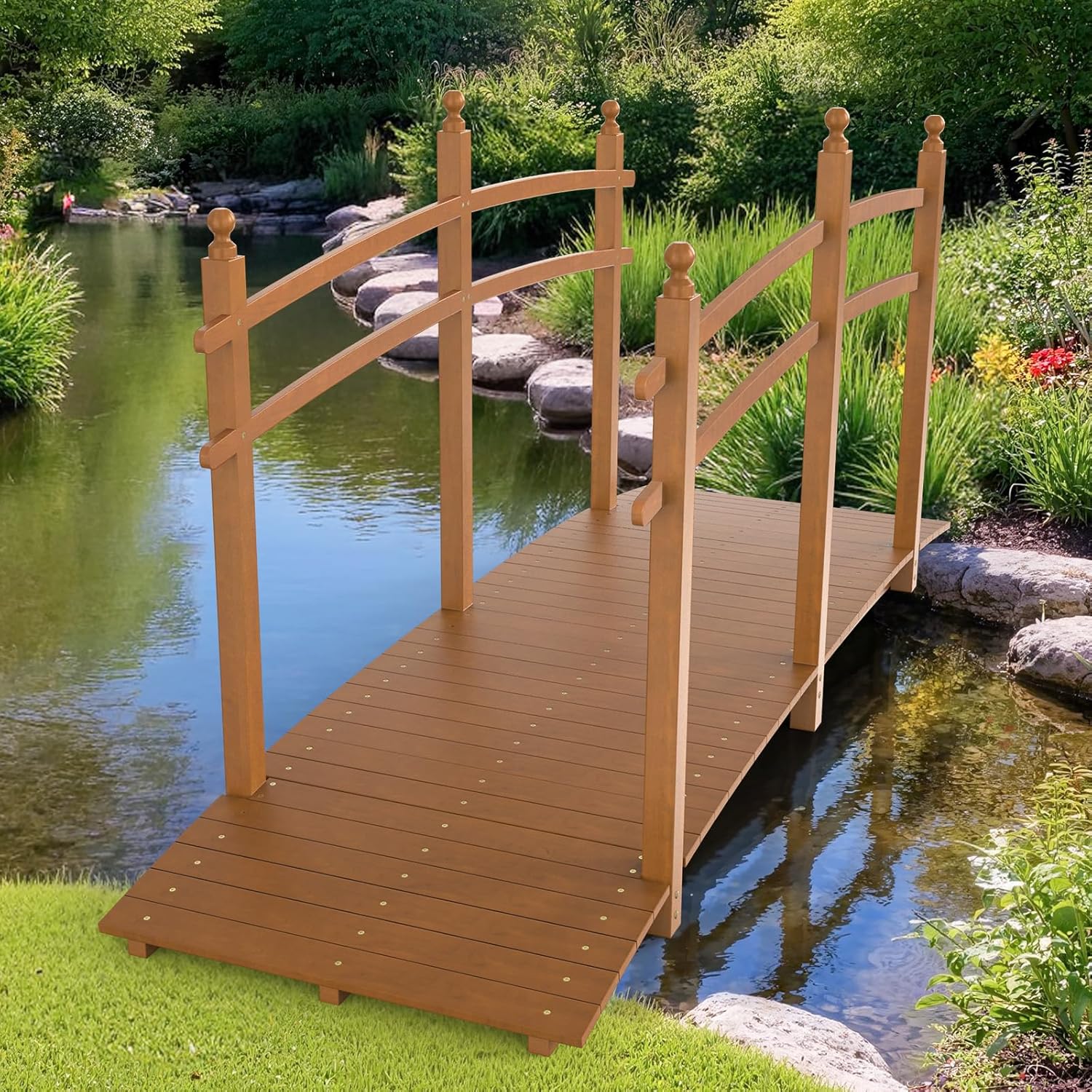 VINGLI Garden Bridge, Classic Wooden Arch with Safety Rails Footbridge (Brown, 7.5 ft)-VerdiqueGarden