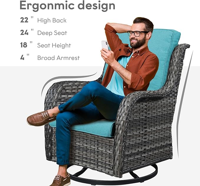 Outdoor Swivel Rocker Wicker Chairs Set of 3, High Back Swivel Patio Chairs Wicker Furniture Set, 2 PCS Rattan Swivel Rocking Chair with Side Table, Turquoise-VerdiqueGarden