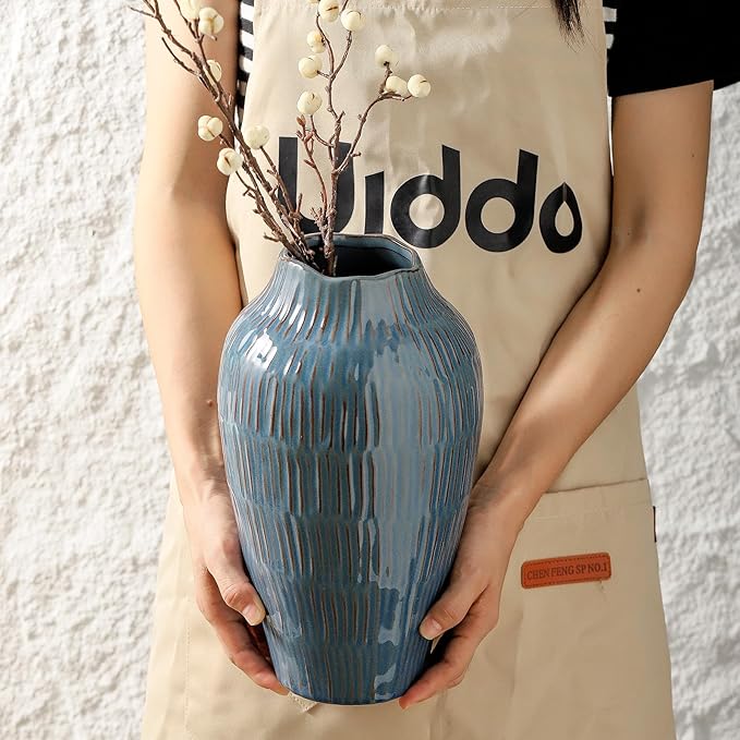 Blue Ceramic Vase for Home Decor,11.6 Inch Flower Vase，Decorative Vases for Pampas Grass，Modern Art Texture Vases for Home Entryway Living Room Dining Table Farmhouse Office Decor-Blue-VerdiqueGarden