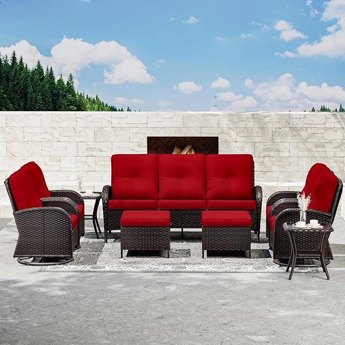 Joyside 9 Piece Patio Furniture Set, Outdoor Wicker Conversation Sets with Swivel Rocker Chairs and Sofa, Thick Cushion, Rattan Patio Sectional for Porch, Deck Use (Brown/Red, 9 PCS)-VerdiqueGarden
