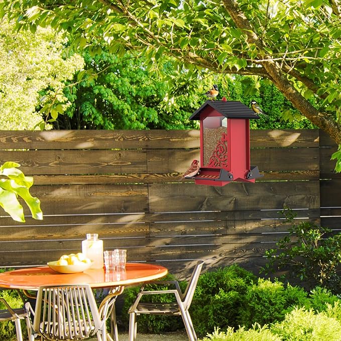 Squirrel Proof Bird Feeder for Outdoor Hanging,Metal Bird Seed Feeder with Bilateral Weight Activated Perches,5LB Large Capacity Wild Bird Feeders for Outside,Easy Refill and Clean,Red-VerdiqueGarden