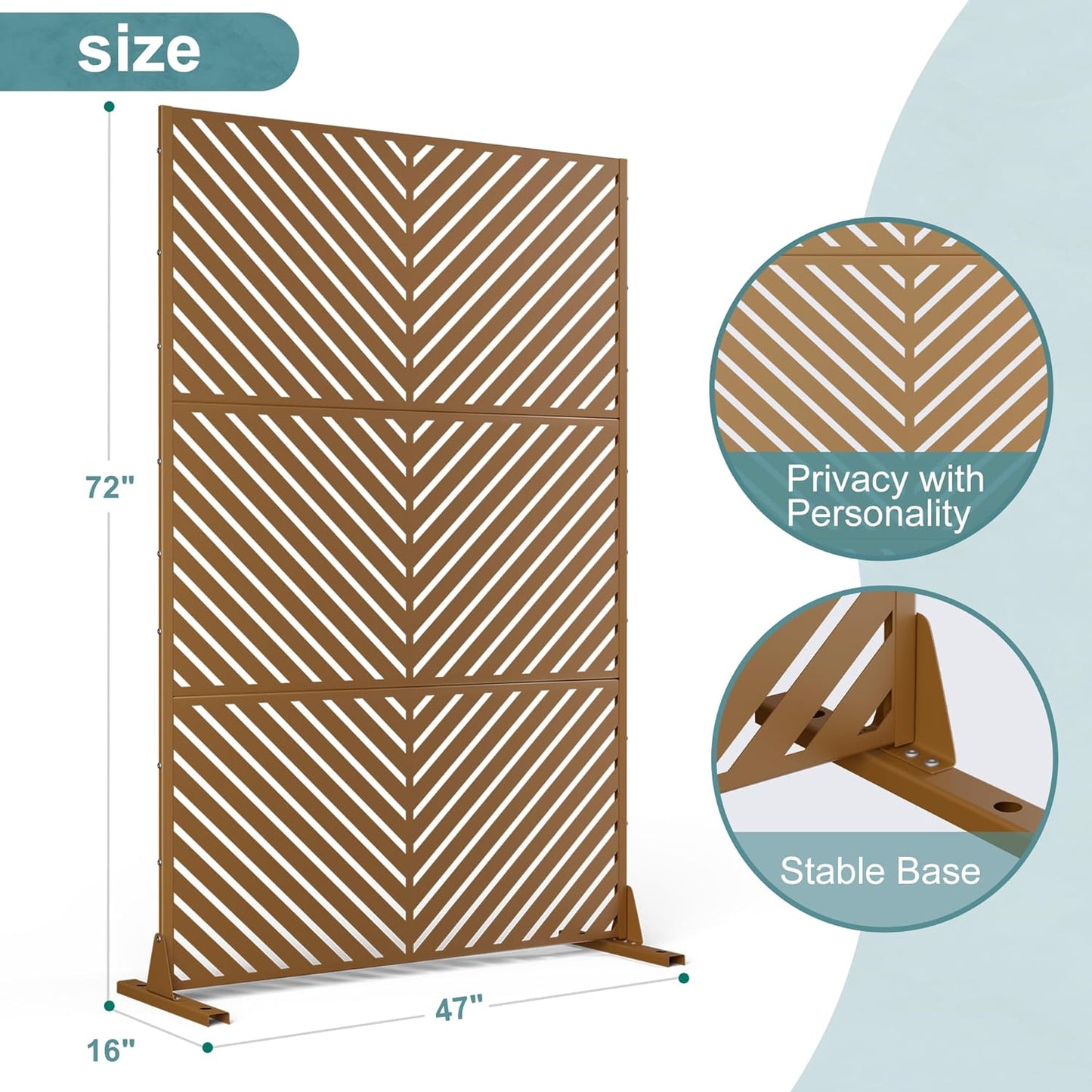 Metal Privacy Screen Outdoor Freestanding Privacy Wall Panels and Decorative Patio Dividers,Crafted from Steel with Sun-Proof Design, Ideal for Patio, Deck, Garden,72" H×47" L,（Brown&Parallel-VerdiqueGarden