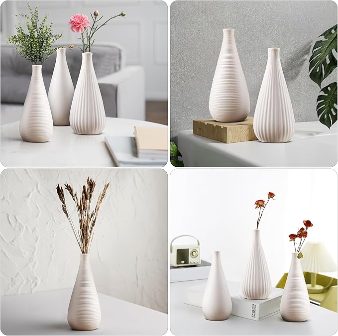 White Vases Home Decor Modern Ceramic Decorative Vases for Home Decor, Flower Vases & Centerpiece, Minimalist Design Set of 3-VerdiqueGarden