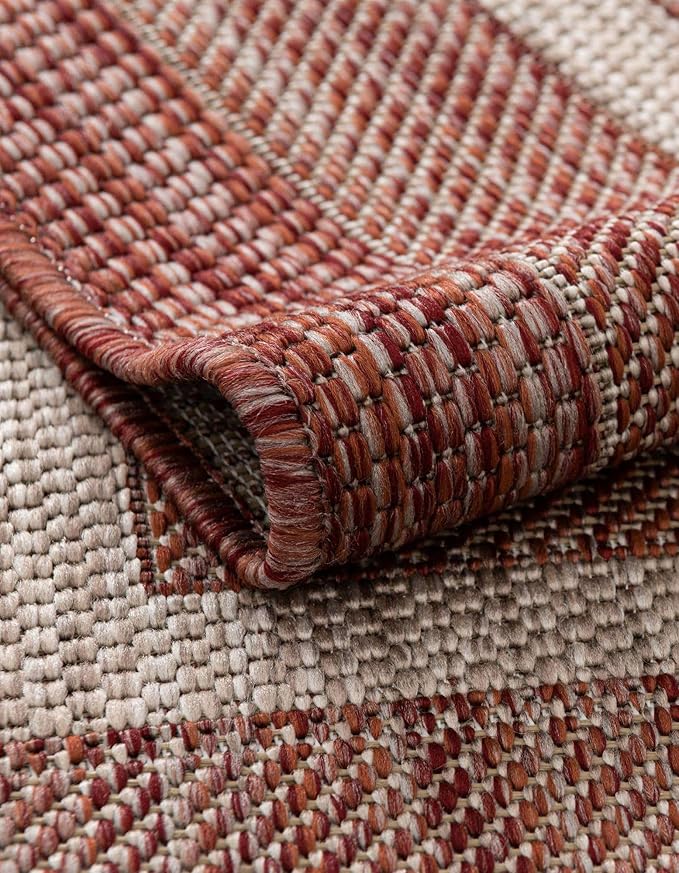 Unique Loom Outdoor Border Collection Area Rug - Soft Border (7' 10" Square Rust Red/Ivory)-VerdiqueGarden