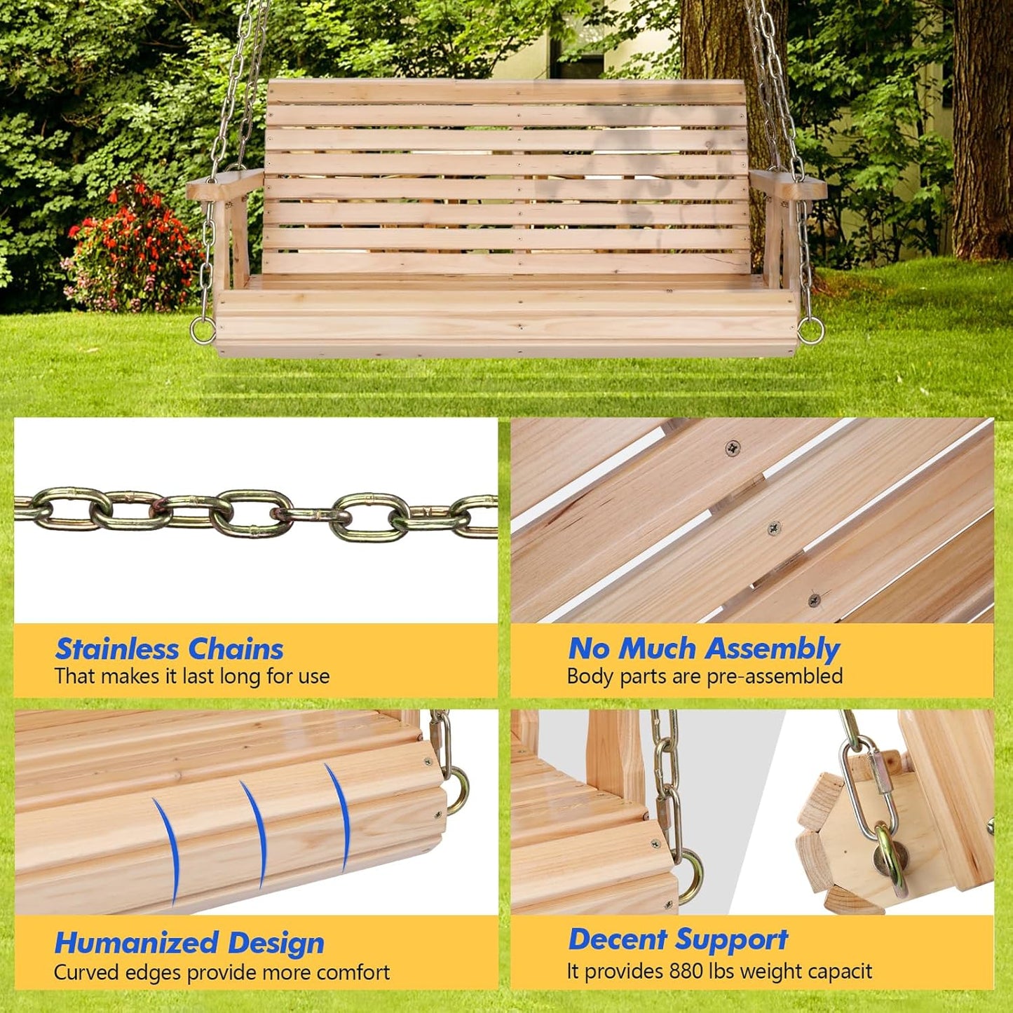 VINGLI Upgraded Patio Wooden Porch Swing for Courtyard & Garden, Heavy Duty 880 LBS Swing Chair Bench with Hanging Chains for Outdoors (Natural, 4 FT)-VerdiqueGarden