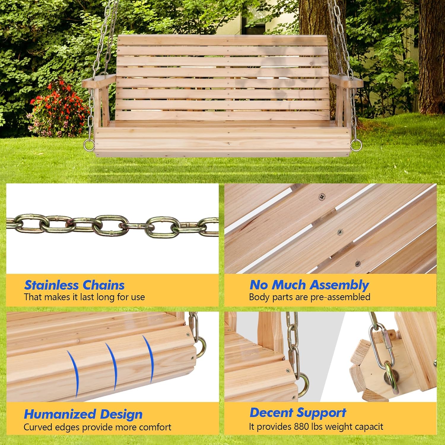 VINGLI Upgraded Patio Wooden Porch Swing for Courtyard & Garden, Heavy Duty 880 LBS Swing Chair Bench with Hanging Chains for Outdoors (Natural, 4 FT)-VerdiqueGarden