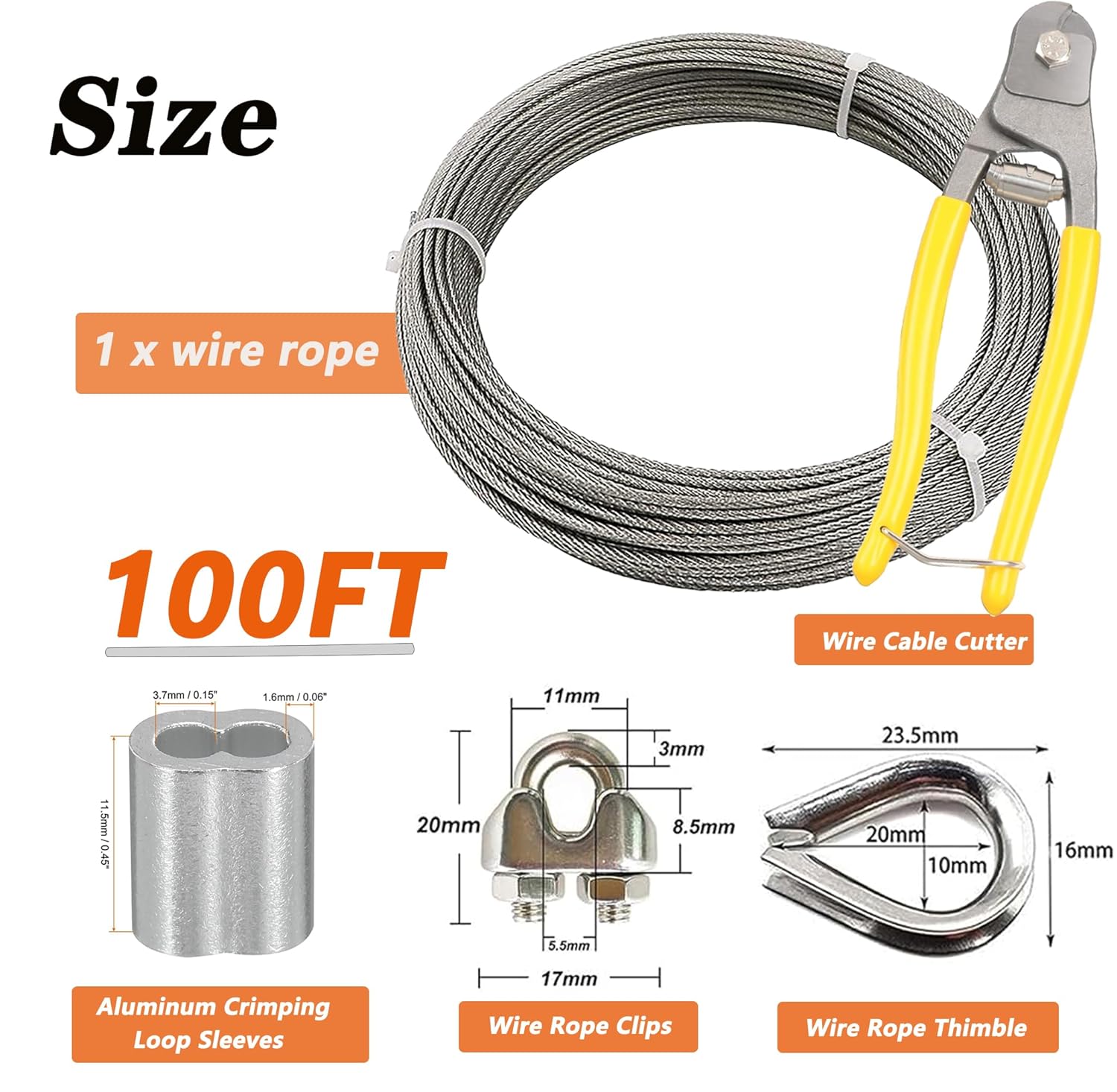 1/8 Inch Stainless Steel Wire Rope Kit, 7x7 Strands, 100 ft Length, With Cable Cutters, Sleeves, Thimbles, Clips, For Climbing Plants, Deck Railing, Fencing, Outdoor Hanging-VerdiqueGarden