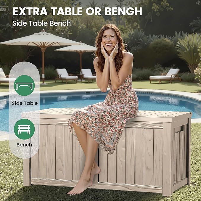 120 Outdoor Storage Box, Waterproof Resin Deck Box for Indoor & Outdoor Use, Lockable Storage Bench with Piston Hinge, Storage Bin for Patio Cushions, Garden Tools, Package Delivery, Grey-VerdiqueGarden