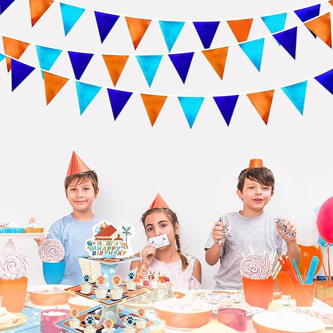 Orange Blue Party Decorations Metallic Fabric Triangle Pennant Flag Bunting Banner Garland for Birthday Baby Shower Graduation Bridal Shower Wedding Bachelorette Engagement Space Theme Party Supplies-VerdiqueGarden