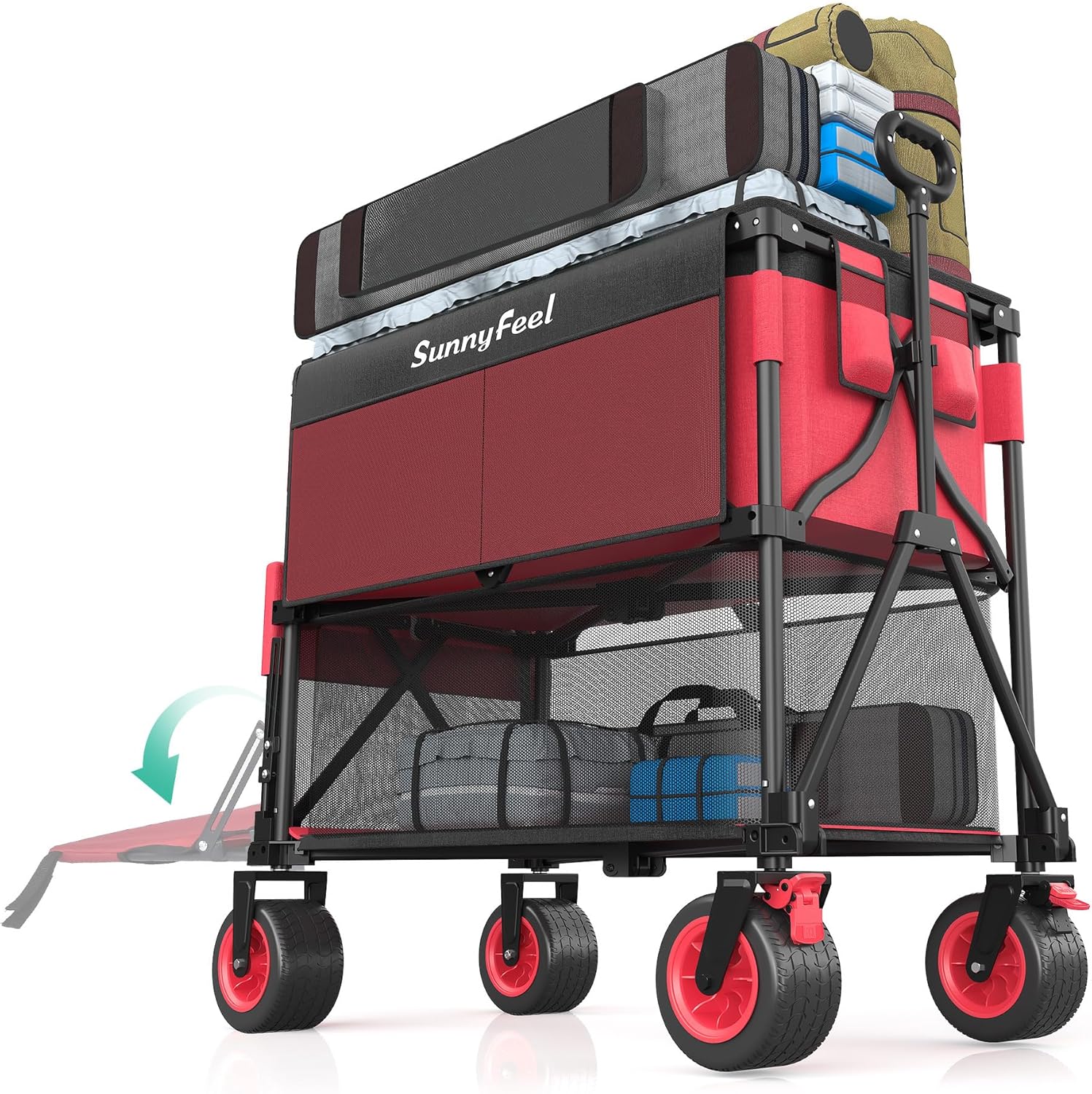 SUNNYFEEL Heavy Duty Collapsible Outdoor Utility Wagon Cart 500LB Capacity Adjustable Handlebar,Foldable Beach Wheels Stable Durable Oxford Fabric for Shopping Garden Camping (Red, Double Deck)-VerdiqueGarden