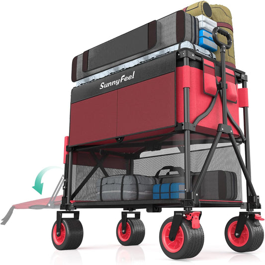 SUNNYFEEL Heavy Duty Collapsible Outdoor Utility Wagon Cart 500LB Capacity Adjustable Handlebar,Foldable Beach Wheels Stable Durable Oxford Fabric for Shopping Garden Camping (Red, Double Deck)-VerdiqueGarden