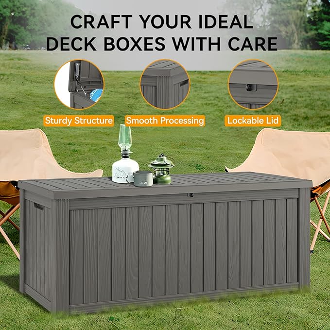 NUNU LAB 150 Gallon Outdoor Storage Box,Resin Large Sturdy Deck Box, Backyard Outside Storage Box Waterproof with Double Wall Panels,Package Delivery,Garden Outdoor Hose Bin-VerdiqueGarden